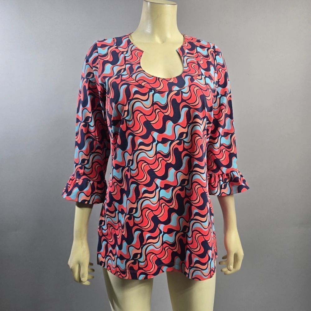 Katgerine Way Medium Red and White Bell Sleeve Graphic Blouse R5